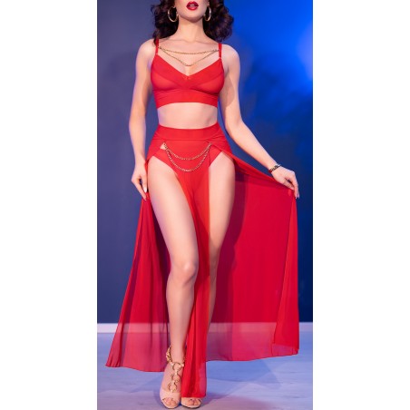 Ensemble 3 Pièces Celia Rouge - Top Court - Jupe Longue Fendue - Tanga - Tailles : S / M / L / XL - Chilirose