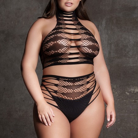 Ensemble Carpo Noir - Grande Taille - Top Court Et Tanga En Résille - Le Désir