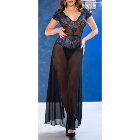 Robe Longue A Double Côtés Estevia - Dentelle Bleue Et Voile Noir - Fendue Devant Ou Derrière - S - M - L - XL - Chilirose