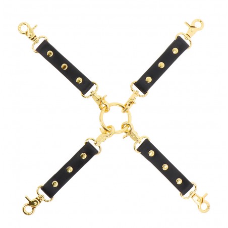 Croix De Hogtie En Simili Cuir Wild Roses Noir - Rivets Et Mousquetons En Métal Doré - Taboom