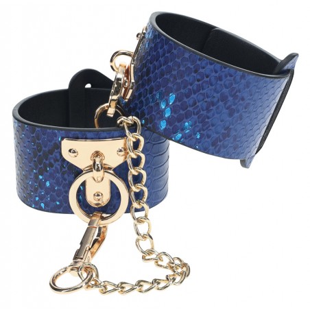 Menottes De Poignets Florence Bleu Irisé - Fermeture A Boucle - Mousquetons Et Chaines En Métal Doré - De 17 A 23 cm - Ouch