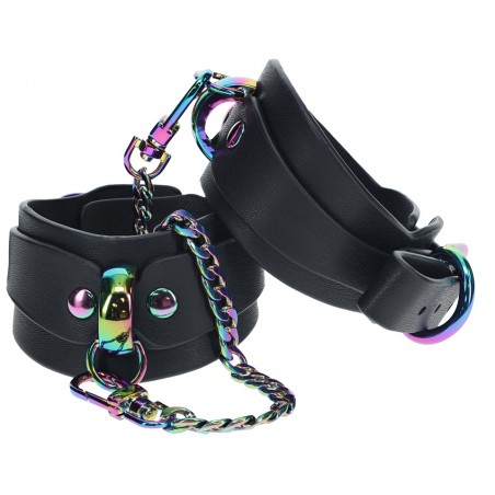 Menottes De Poignets Venise Noir - Fermeture A Boucle - Mousquetons Et Chaines En Métal Irisé - De 17 A 23 cm - Ouch