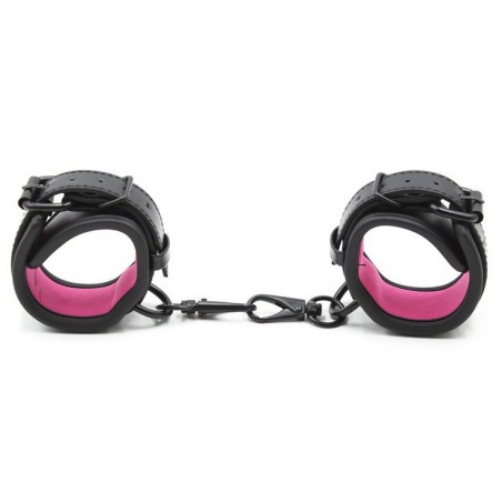Menottes De Poignets - Simili Cuir Noir Rembourré Rose - Mousqueton Et Chaîne Métal Noir - Ø 25 cm / 4,5 cm - Fukr