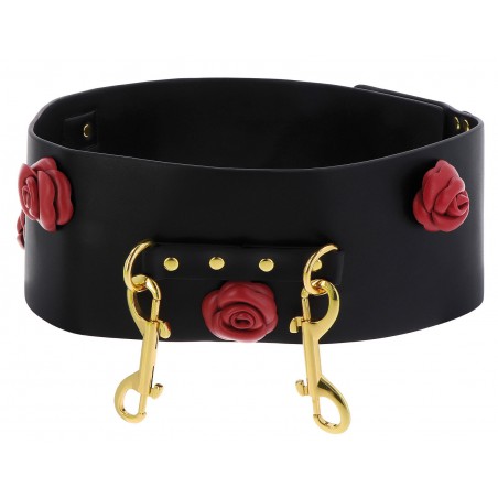 Ceinture D'Attache Pour Menottes De Poignets Wild Roses - Simili Cuir Noir - Roses Rouges - Métal Doré - Taboom