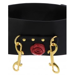 Ceinture D'Attache Pour Menottes De Poignets Wild Roses - Simili Cuir Noir - Roses Rouges - Métal Doré - Taboom