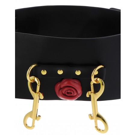 Ceinture D'Attache Pour Menottes De Poignets Wild Roses - Simili Cuir Noir - Roses Rouges - Métal Doré - Taboom