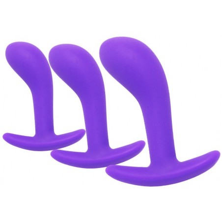 Coffret Anal - 3 Plugs Incurvés - Silicone Violet - Waterproof - Tailles : De 7 A 11 cm / Ø De 2,2 A 3,5 cm - Fukr