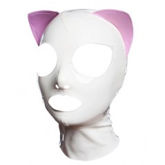 Masque Latex Cat Fetish Blanc Et Oreilles Roses - Bouche/Yeux/Nez Ouverts - Zip Derrière - XS - S - M - L - XL - XXL - LateXcite