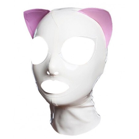 Masque Latex Cat Fetish Blanc Et Oreilles Roses - Bouche/Yeux/Nez Ouverts - Zip Derrière - XS - S - M - L - XL - XXL - LateXcite