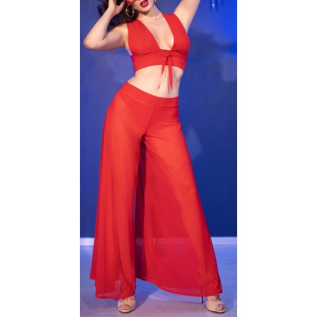 Ensemble 3 Pièces Monika Rouge - Top Court - Pantalon Large - Tanga - Tailles : S / M / L / XL - Chilirose