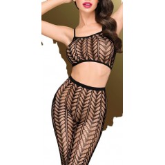 Ensemble 2 Pièces Work It Out - Résille Noire - Motif Crochet - Top Court - Collant - Tailles : S/L - XL - Penthouse