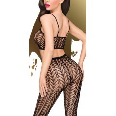 Ensemble 2 Pièces Work It Out - Résille Noire - Motif Crochet - Top Court - Collant - Tailles : S/L - XL - Penthouse