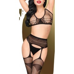 Ensemble Smoking Gun Noir - Top Court - Collant Effet Porte Jarretelle Ouvert A l'Enjambe - Tailles : S/L - XL - Penthouse