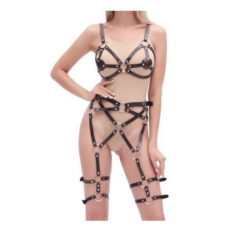 Ensemble Harnais Pour Femme Naked Strap - Seins Et Cuisses - Simili Cuir Noir Et Métal - Lanières Ajustables - KinkHarness