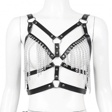Ensemble Harnais Beauty Chains Noir - Seins Et String - Chaînes Métalliques Argentées - Lanières Réglables - TU - KinkHarness