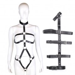 Harnais Pour Femme Restrains Noir - Seins Nus - Menottes Et Attaches Bras Au Dos - Sangles Réglables - TU - KinkHarness