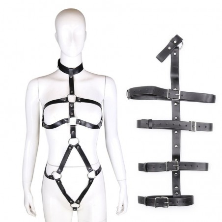 Harnais Pour Femme Restrains Noir - Seins Nus - Menottes Et Attaches Bras Au Dos - Sangles Réglables - TU - KinkHarness