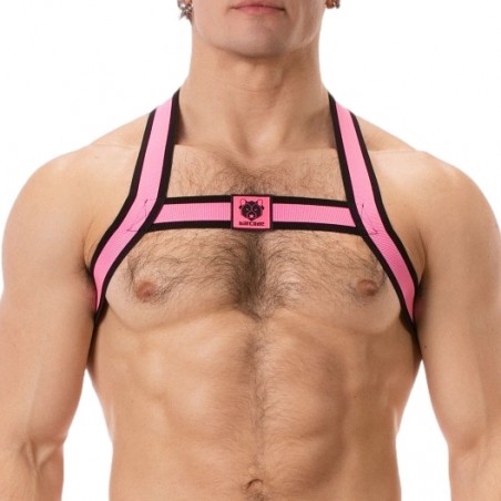 Harnais Pour Homme Colin - Rose Fluo Liseré Noir - Ecusson Ourson - Sangles 4 cm - T : XS / S / M / L / XL - Barcode Berlin