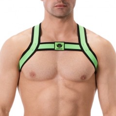 Harnais Pour Homme Colin - Vert Fluo Liseré Noir - Ecusson Ourson - Sangles 4 cm - T : XS / S / M / L / XL - Barcode Berlin