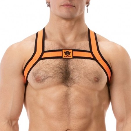 Harnais Pour Homme Colin - Orange Fluo Liseré Noir - Ecusson Ourson - Sangles 4 cm - XS / S / M / L / XL - Barcode Berlin