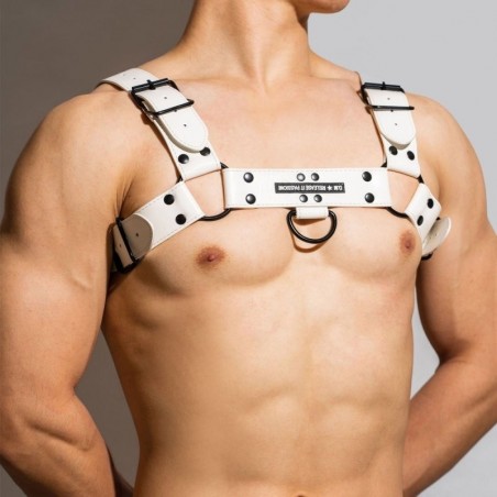 Harnais Pour Homme Chest All - Simili Cuir Blanc - Boucles / Rivets / Anneaux Métalliques Noirs - Taille : Unique - BDSMaster