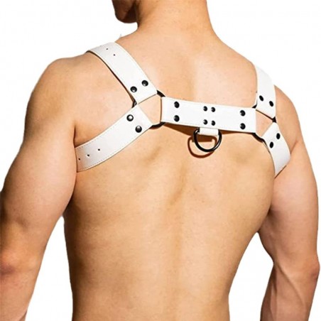 Harnais Pour Homme Chest All - Simili Cuir Blanc - Boucles / Rivets / Anneaux Métalliques Noirs - Taille : Unique - BDSMaster
