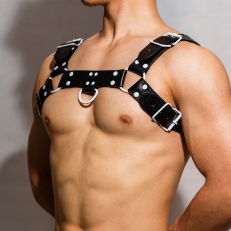 Harnais Pour Homme Oros - Simili Cuir Noir - Boucles / Rivets / Anneaux Métalliques Blancs - Taille : Unique - BDSMaster