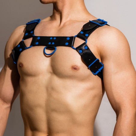 Harnais Pour Homme Oros - Simili Cuir Noir - Boucles / Rivets / Anneaux Métalliques Bleus - Taille : Unique - BDSMaster