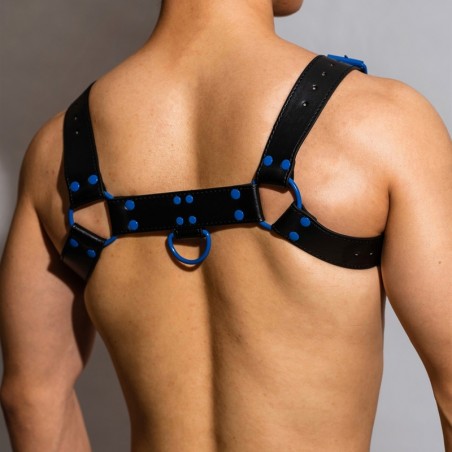 Harnais Pour Homme Oros - Simili Cuir Noir - Boucles / Rivets / Anneaux Métalliques Bleus - Taille : Unique - BDSMaster