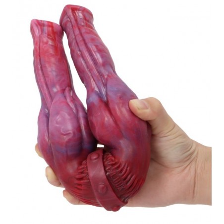 Double Gode Duo Dragon Texturé - Dong Rose Et Violet - Extrémités plates - 35 Cm / Ø De 2,8 A 4,8 Cm - DoublePlayz